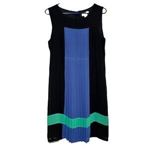 Ann Taylor LOFT Colorblock Shift Dress Pleated Front Black Blue 8